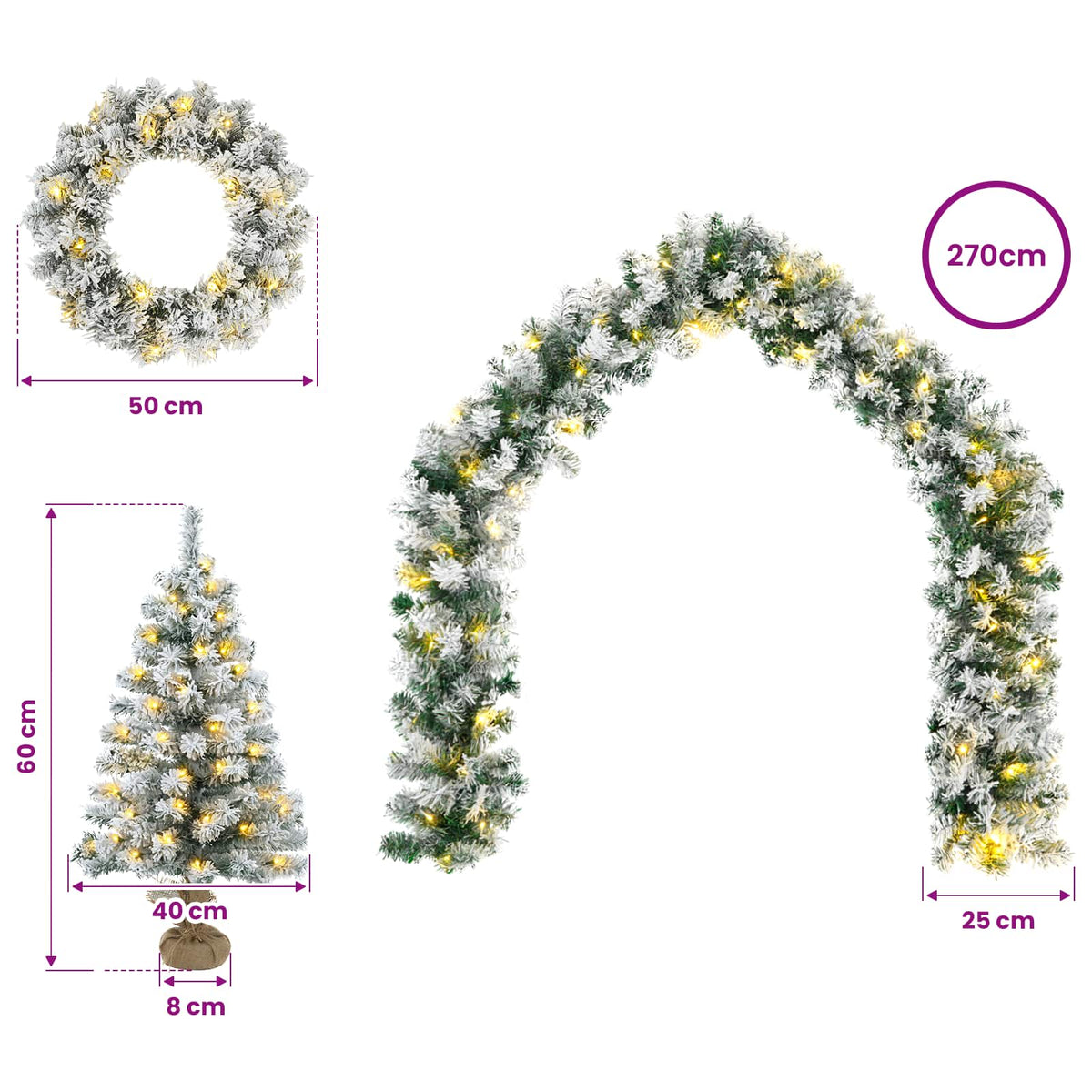 Mini kalėdinių eglučių rinkinys 60 cm 125 LED Šilta balta PVC
