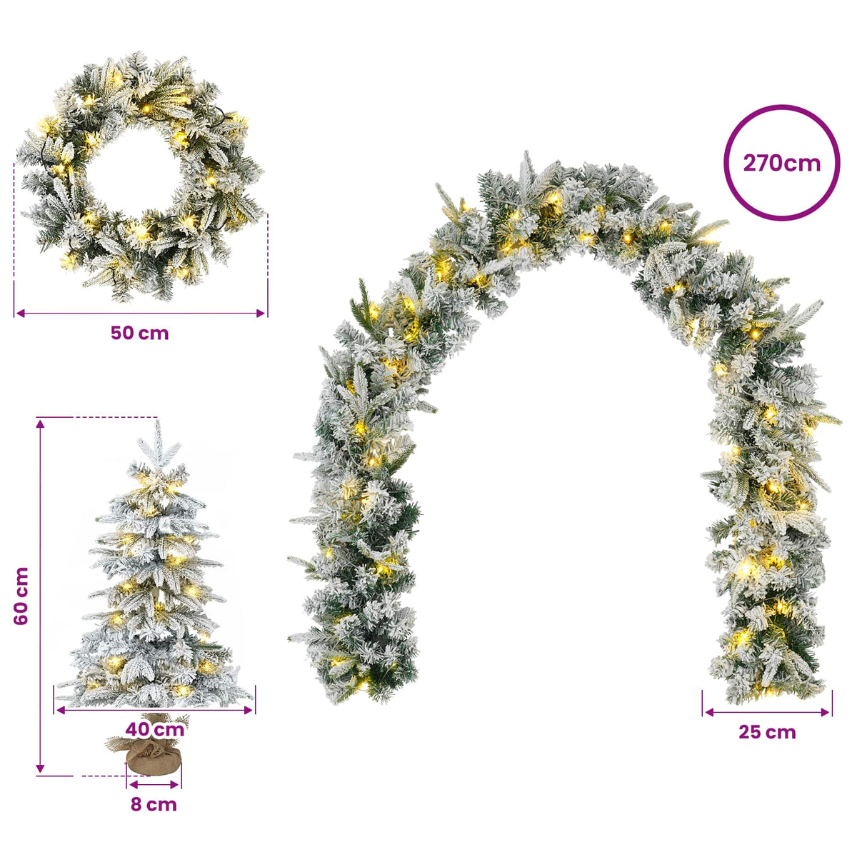 Mini kalėdinių eglučių rinkinys 60 cm 125 LED Šilta balta