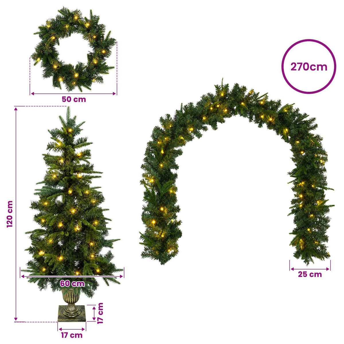 Mini kalėdinių eglučių rinkinys 120 cm 275 LED Šilta balta