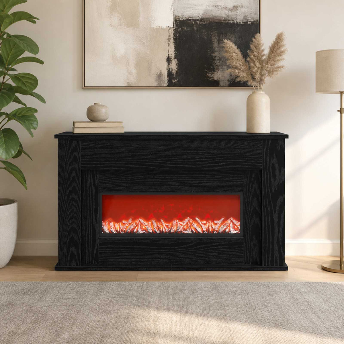 Židinys su LED juosta Juodojo ąžuolo 92 x 20 x 54 cm