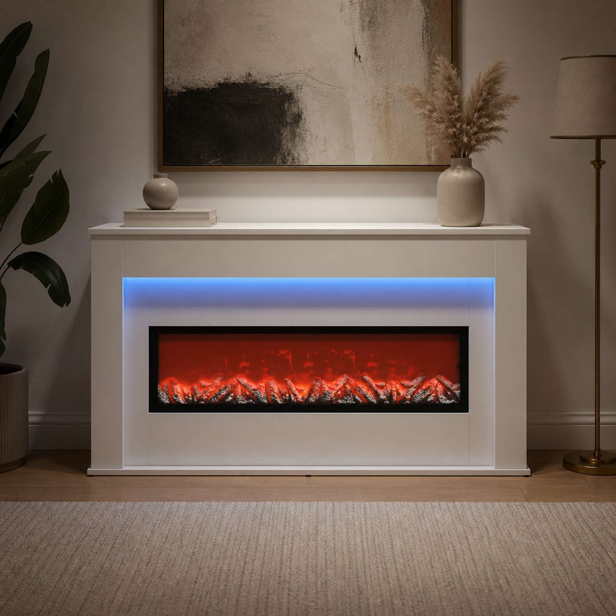 Židinys su LED juosta Balta 130 x 20 x 69,5 cm Apdirbta mediena