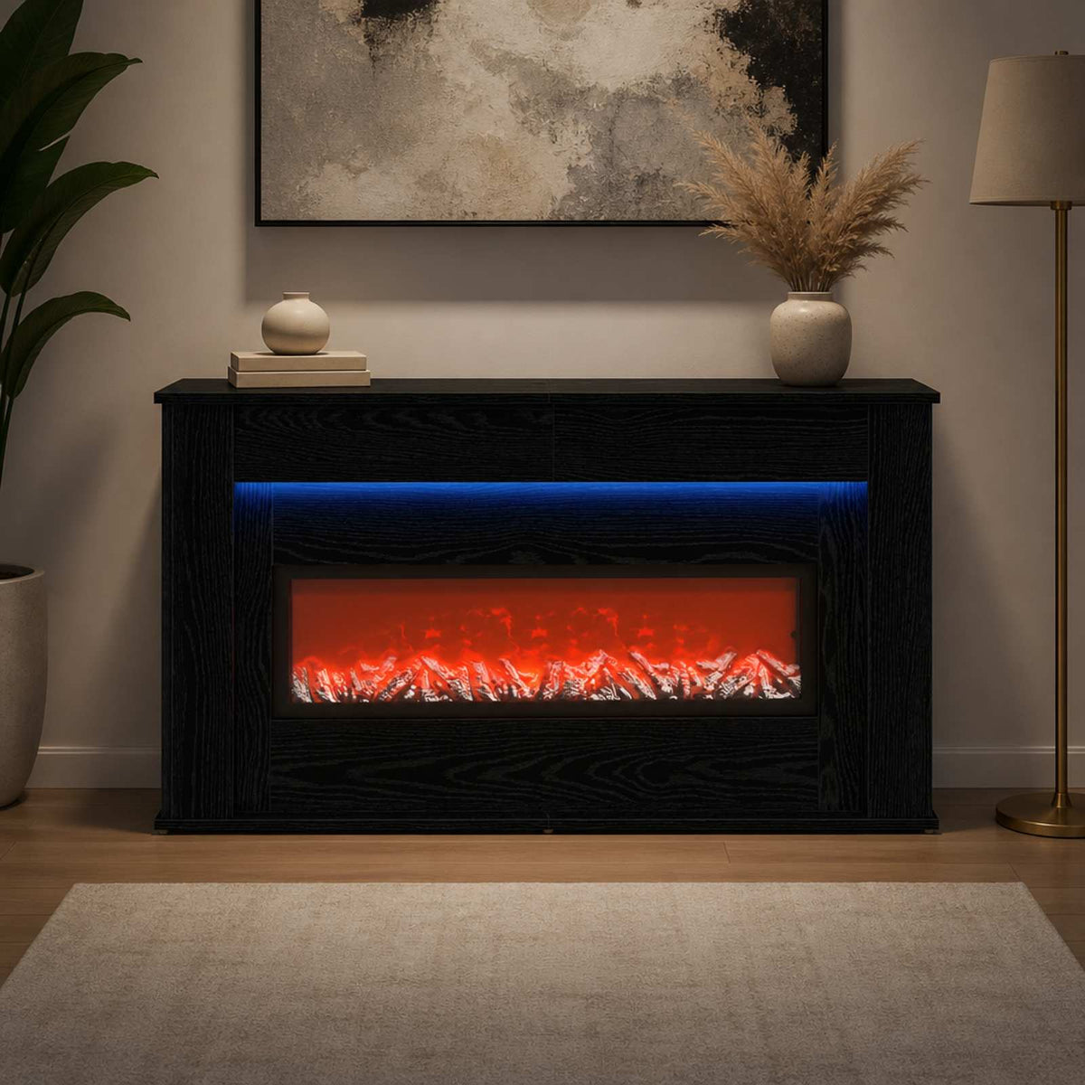 Židinys su LED juosta Juodojo ąžuolo 130 x 20 x 69,5 cm