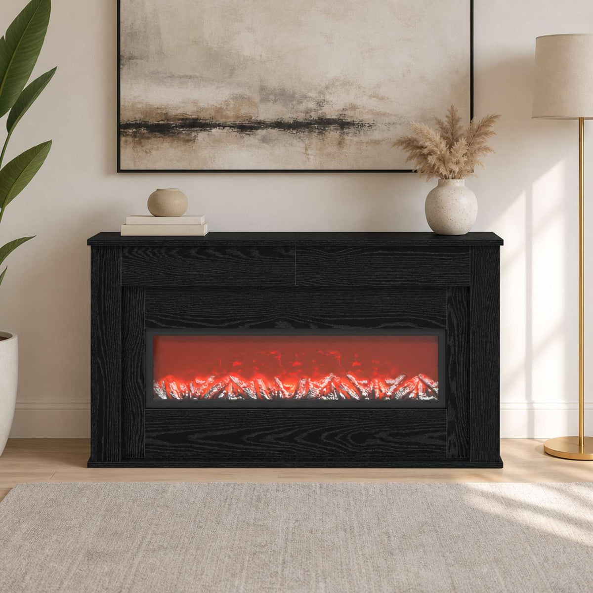 Židinys su LED juosta Juodojo ąžuolo 130 x 20 x 69,5 cm