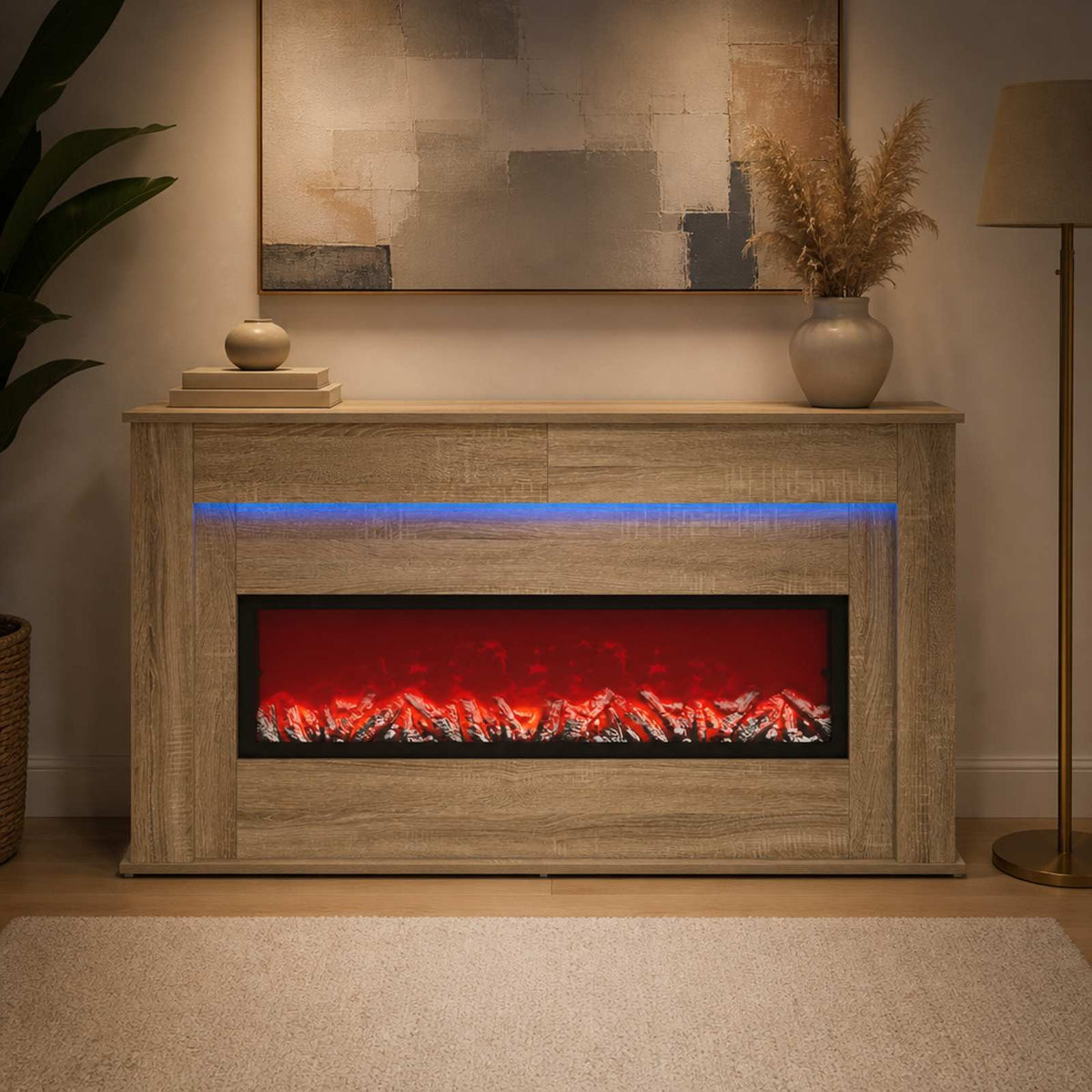 Židinys su LED juosta Sonoma ąžuolo 130 x 20 x 69,5 cm