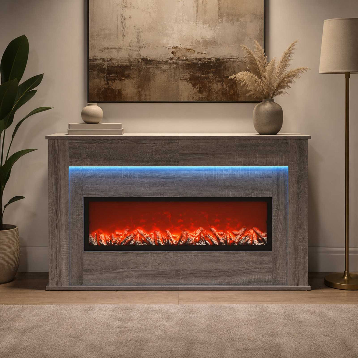 Židinys su LED juosta Pilka Sonoma 130 x 20 x 69,5 cm
