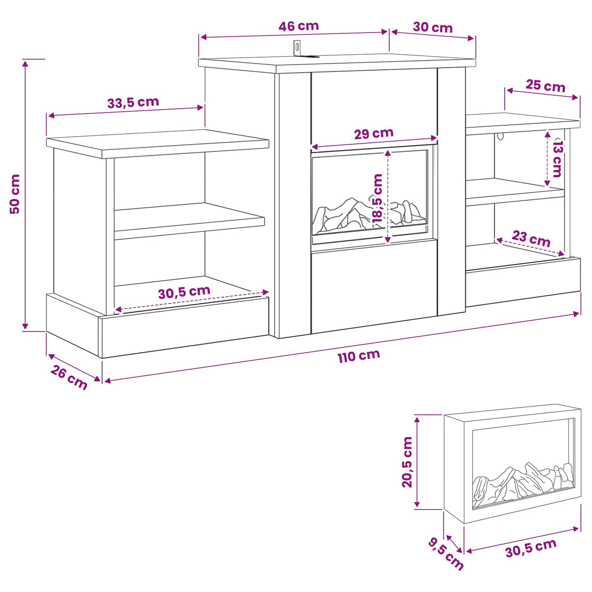 Elektrinis židinys Juodojo ąžuolo 110 x 30 x 50 cm
