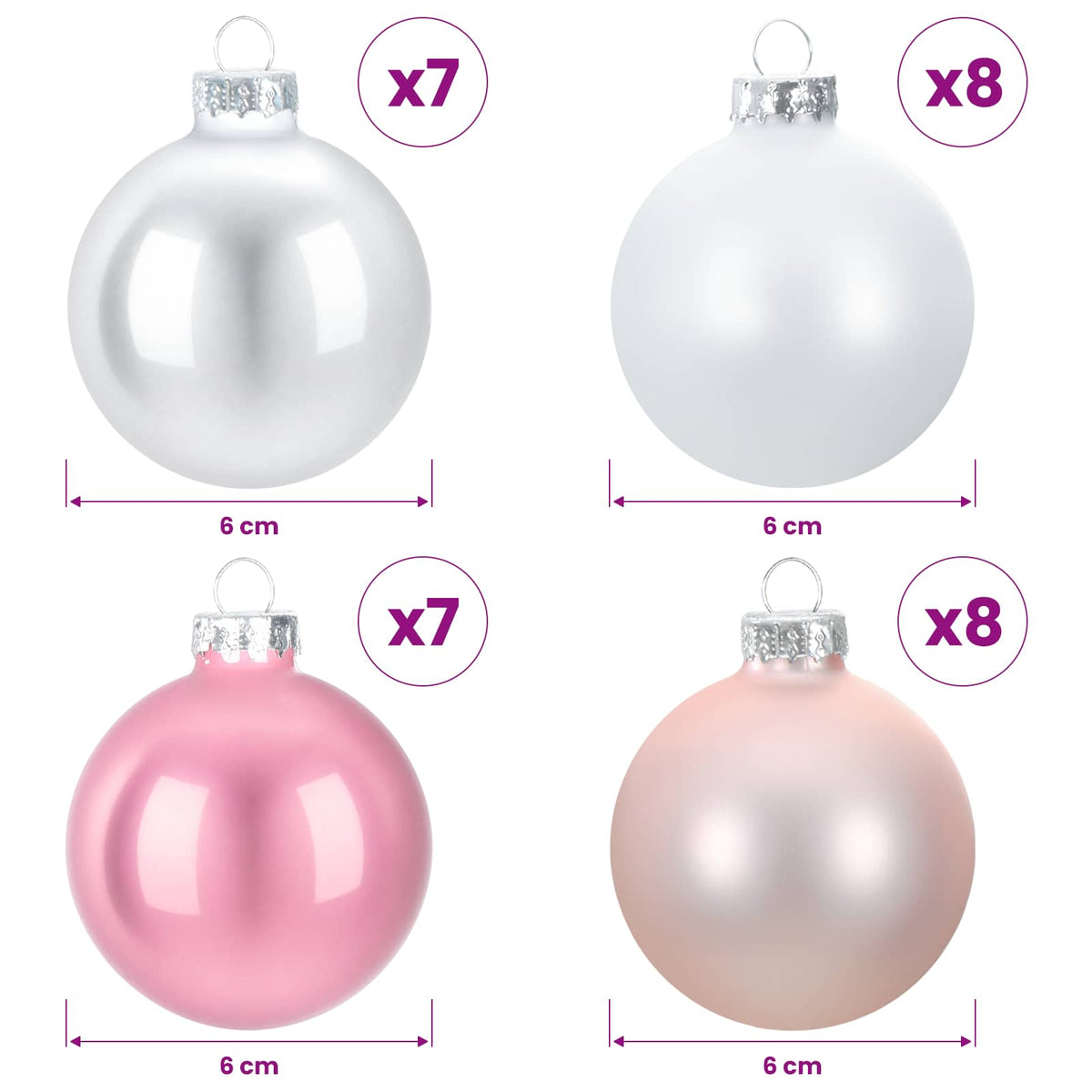 Kalėdų kamuoliukų rinkinys 30 vnt. Rožinė ir balta 6 cm
