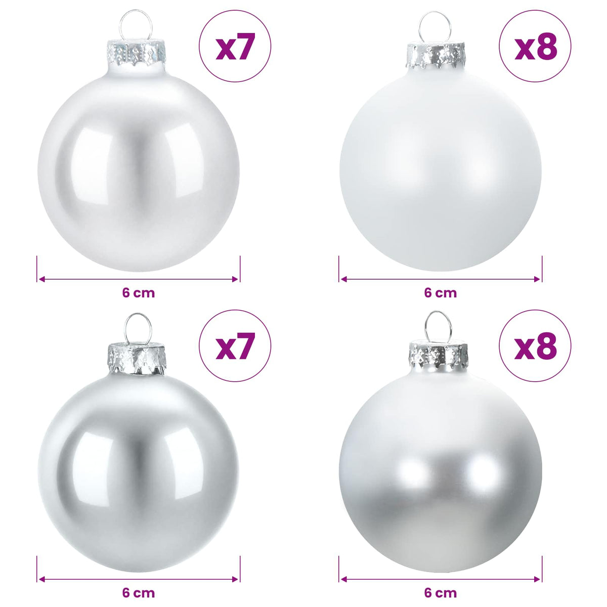 Kalėdų kamuoliukų rinkinys 30 vnt. sidabrinė ir balta 6 cm