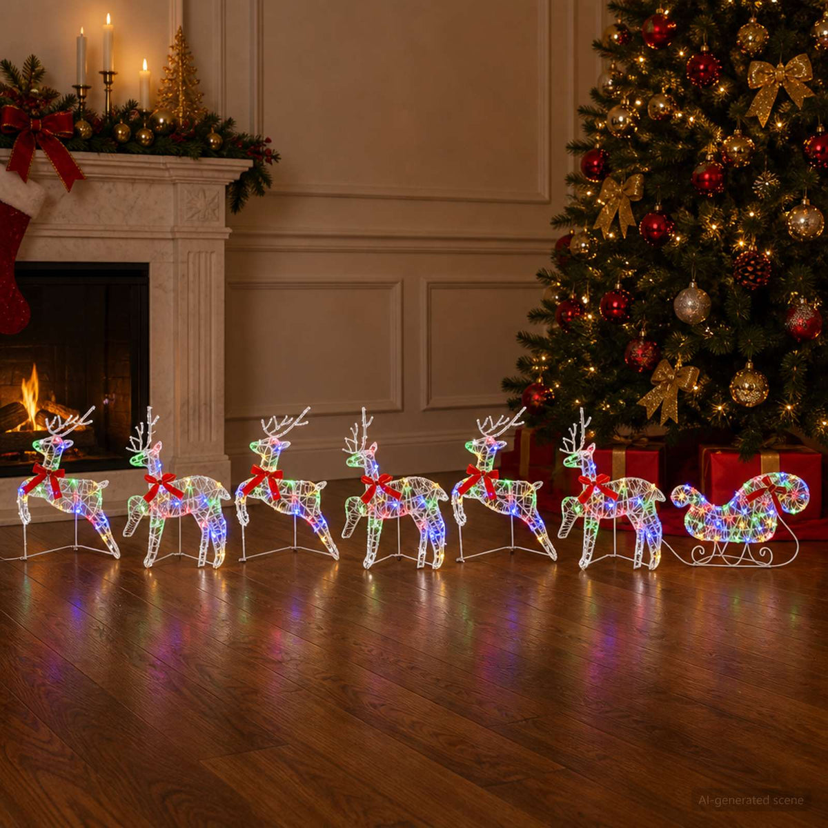 Kalėdinis elnias su rogutėmis 7 vnt. 140 LED Įvairių spalvų