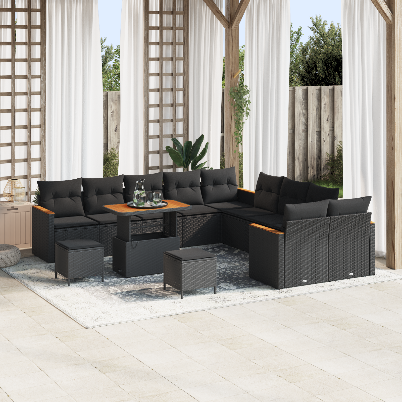 13 Dalių Sodo Sofa Rinkinys su Pagalvėmis Juodas Poli Ratanas Akacija