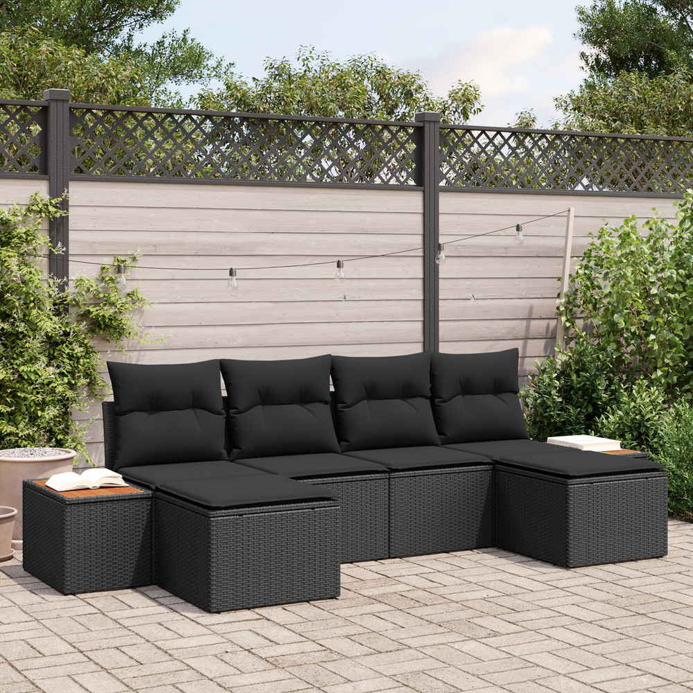 6-Piece Garden Sofa Set with Cushions, Black Poly Rattan, Acacia