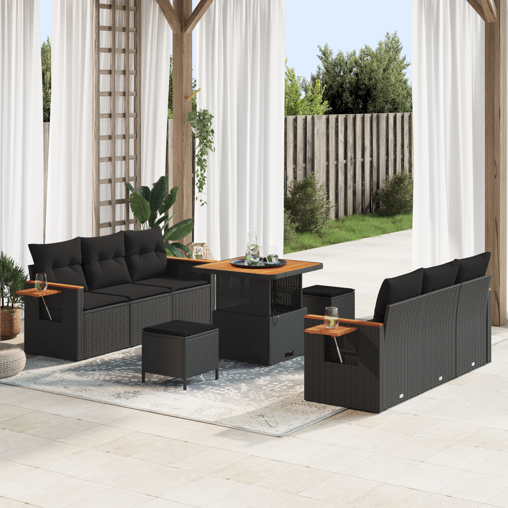 9 Dalių Sodo Sofa Komplektas su Pagalvėlėmis Juodas Poli Ratanas Akacija