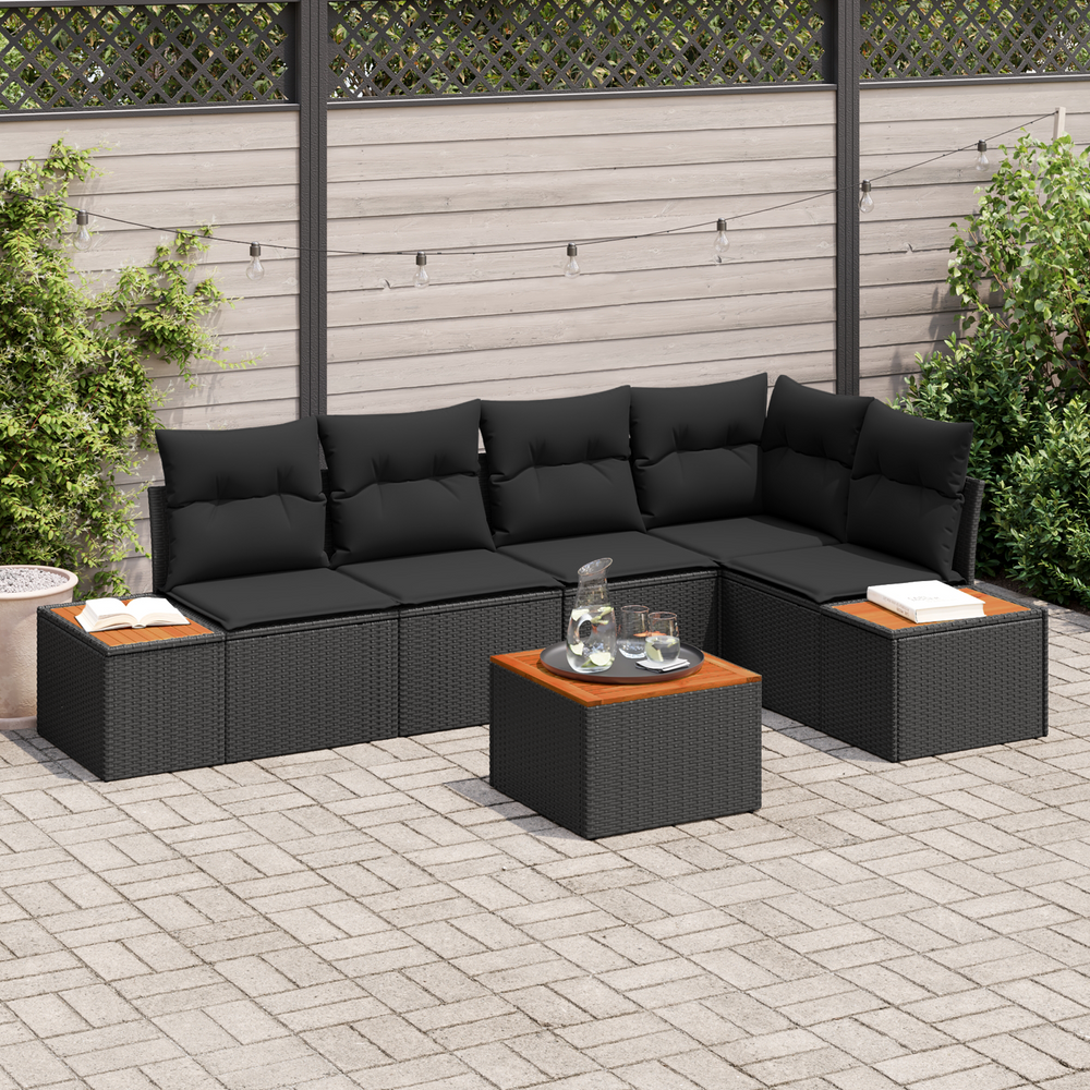 6-Piece Garden Sofa Set with Cushions Black Poly Rattan Acacia