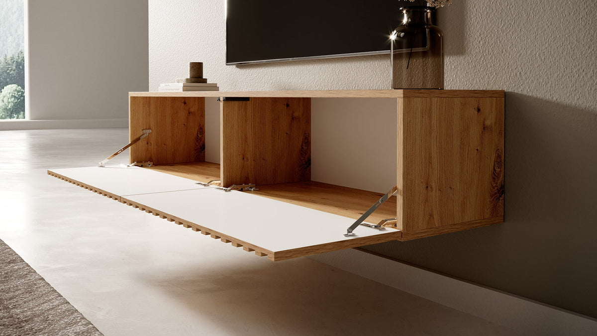 TV spintelė LORCAN, 138,6 cm, ąžuolas+juoda