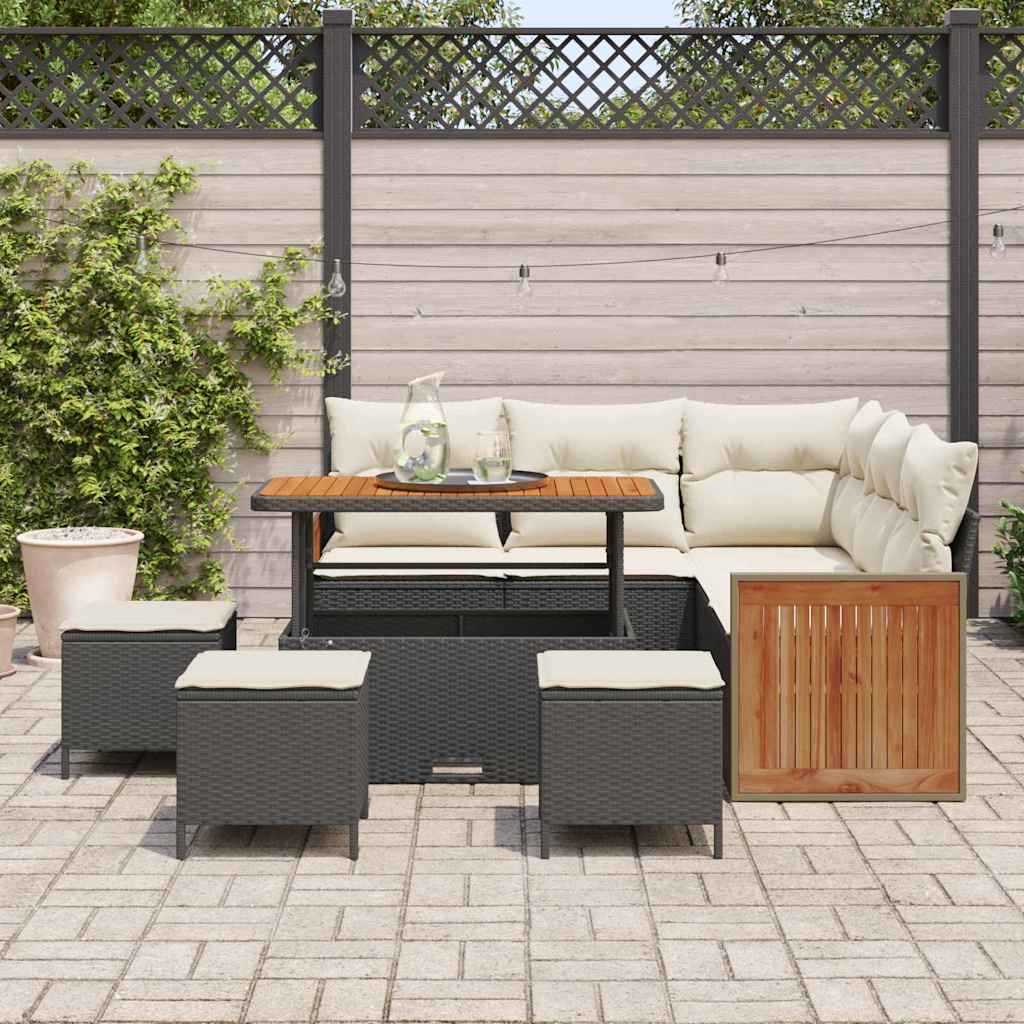 9 dalių sodo sofa komplektas su pagalvėlėmis Juoda Poli Ratanas Akacija - Namų Idėja