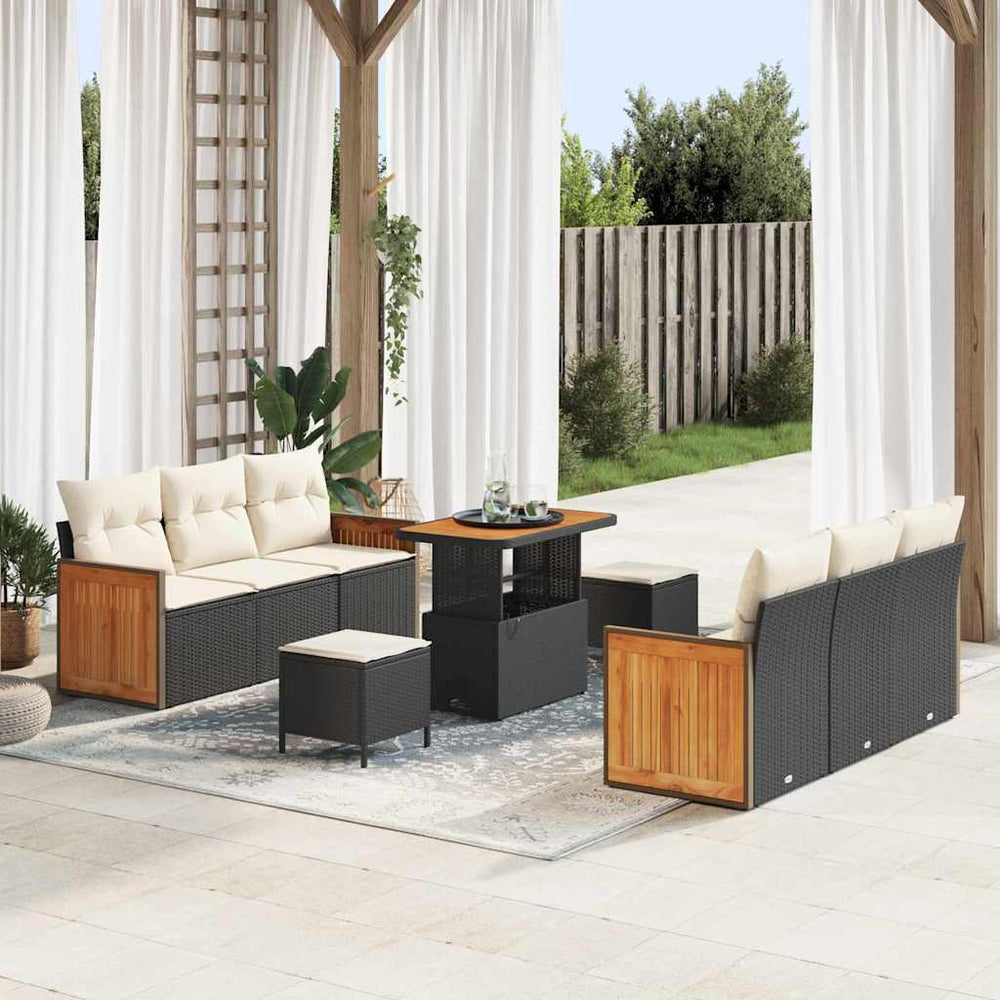 9 dalių sodo sofa komplektas su pagalvėlėmis Juoda Poli Ratanas Akacija - Namų Idėja