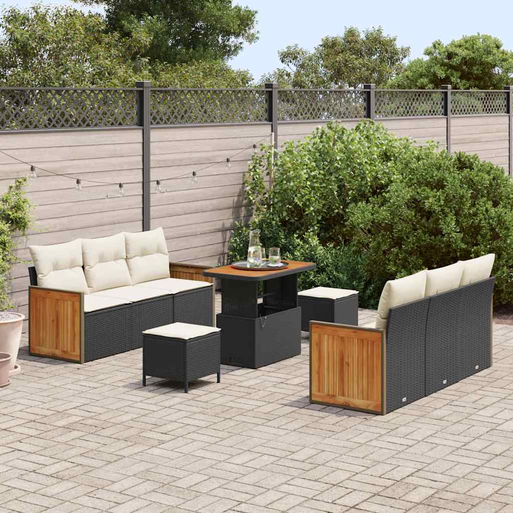 9 dalių sodo sofa komplektas su pagalvėlėmis Juoda Poli Ratanas Akacija - Namų Idėja