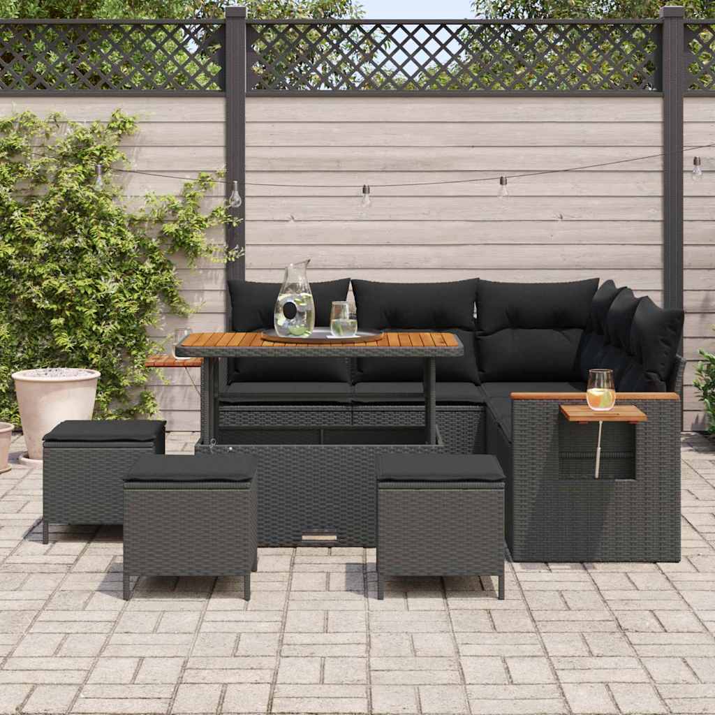 9 dalių sodo sofa komplektas su pagalvėlėmis Juoda Poliratanas Akacija - Namų Idėja