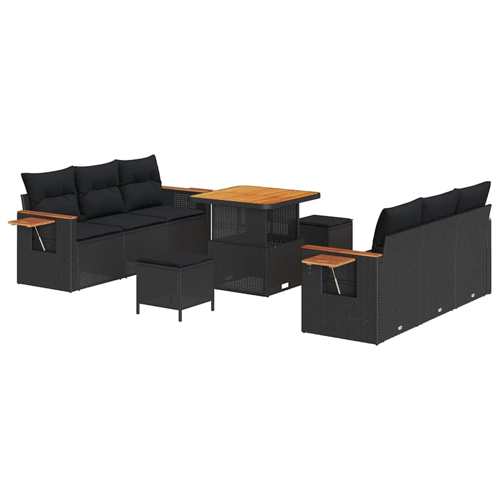 9 Dalių Sodo Sofa Komplektas su Pagalvėlėmis Juodas Poli Ratanas Akacija - Namų Idėja