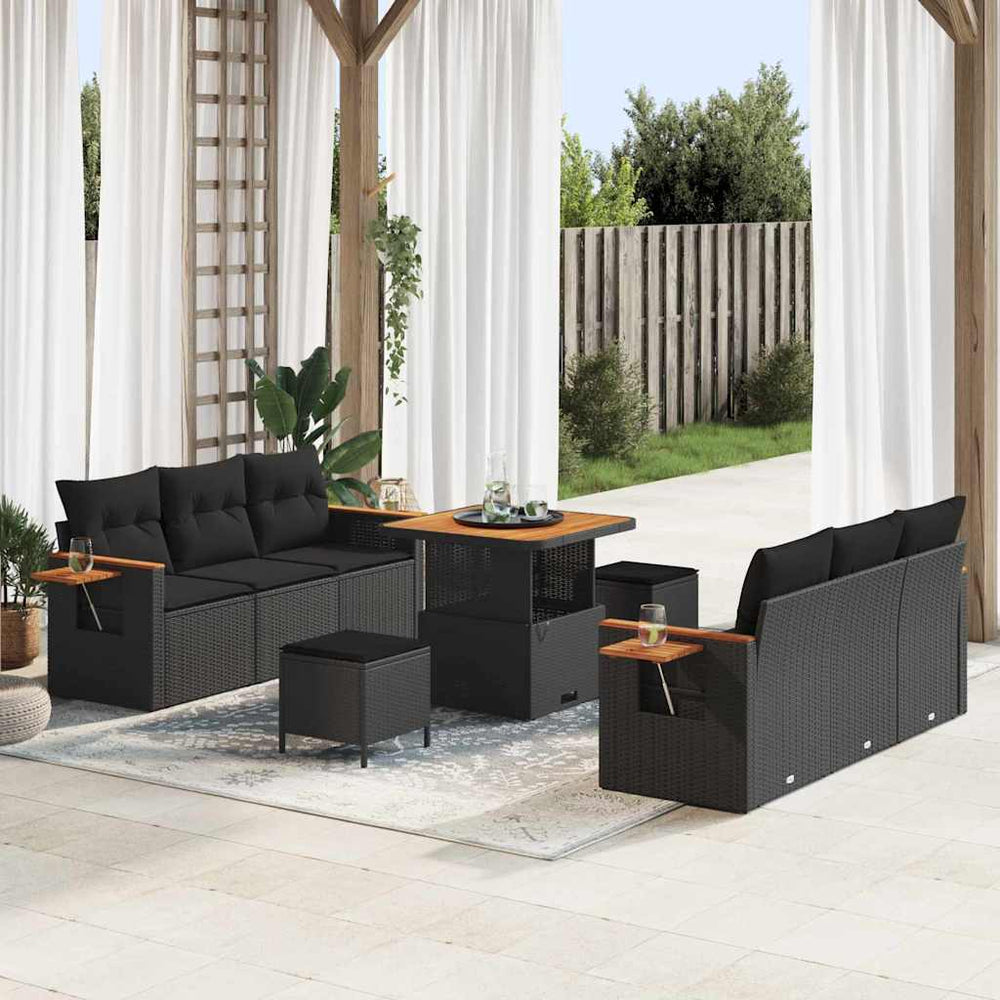 9 Dalių Sodo Sofa Komplektas su Pagalvėlėmis Juodas Poli Ratanas Akacija - Namų Idėja