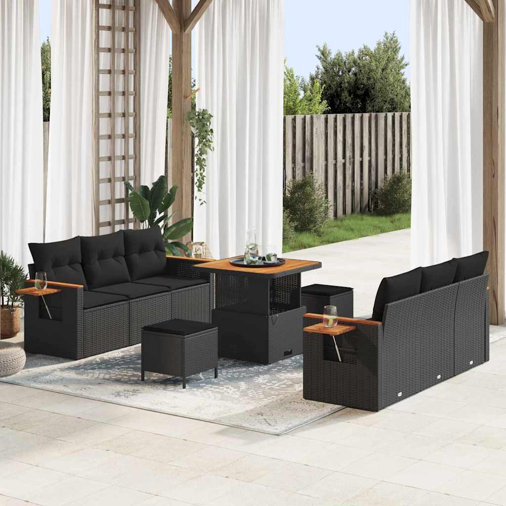 9 Dalių Sodo Sofa Komplektas su Pagalvėlėmis Juodas Poli Ratanas Akacija - Namų Idėja