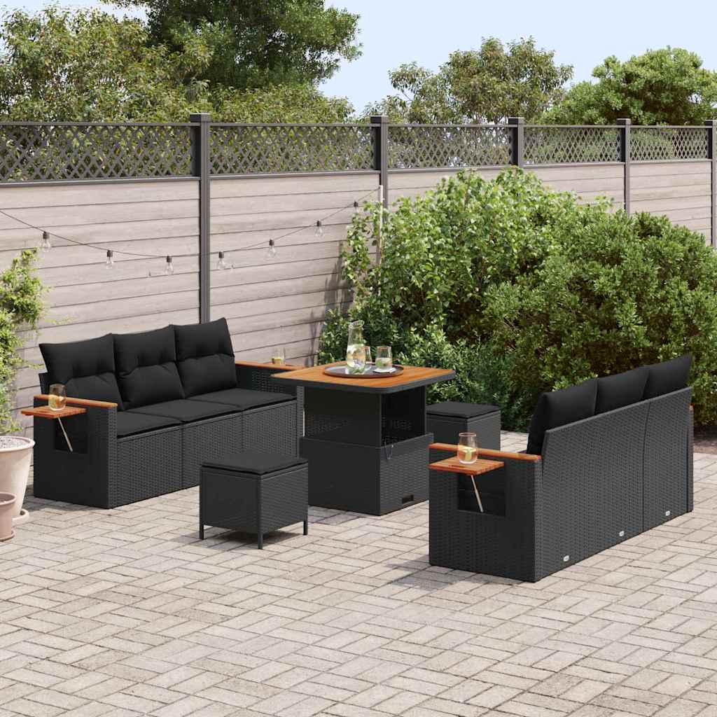 9 Dalių Sodo Sofa Komplektas su Pagalvėlėmis Juodas Poli Ratanas Akacija - Namų Idėja