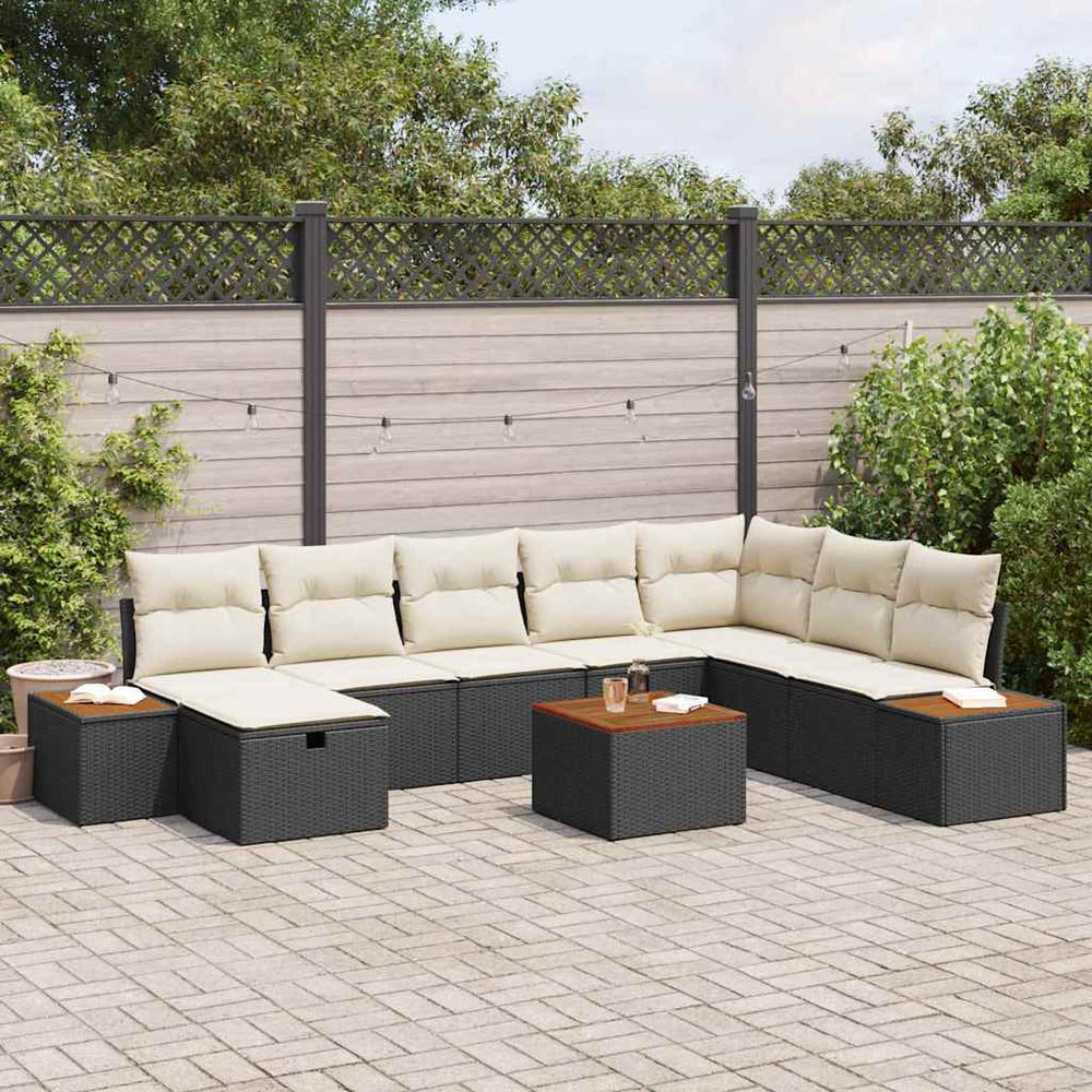 9 dalių sodo sofa komplektas su pagalvėlėmis, juodas poliratanas - Namų Idėja