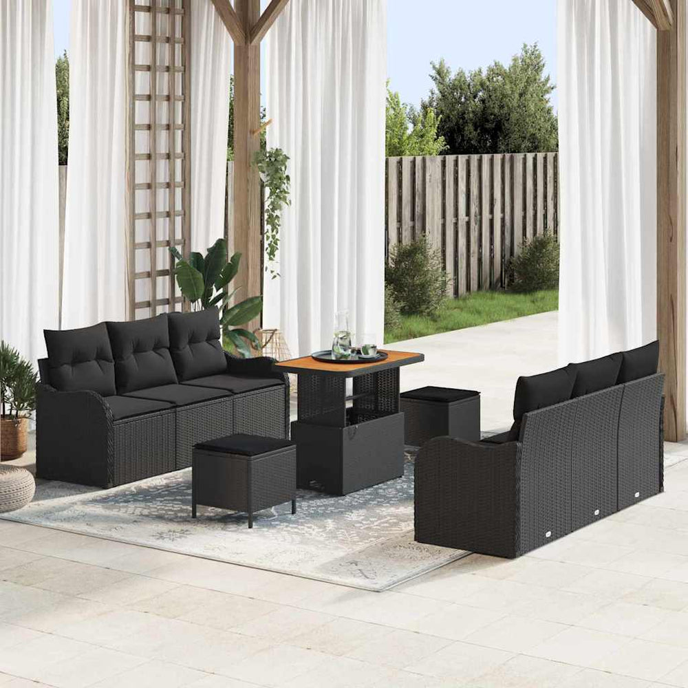 9 Dalių Sodo Sofa Komplektas Su Pagalvėlėmis Juodas Polirotas Ratanas Akacija - Namų Idėja