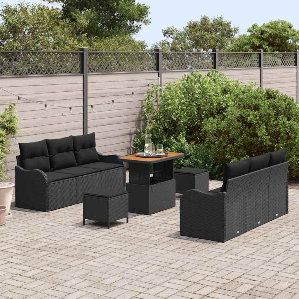9 Dalių Sodo Sofa Komplektas Su Pagalvėlėmis Juodas Polirotas Ratanas Akacija - Namų Idėja