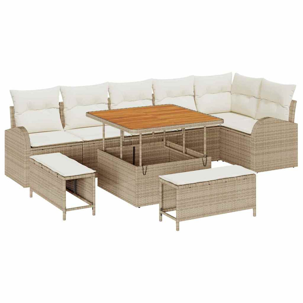 9 dalių sodo sofa komplektas su pagalvėlėmis kreminė poli ratanas akacija - Namų Idėja