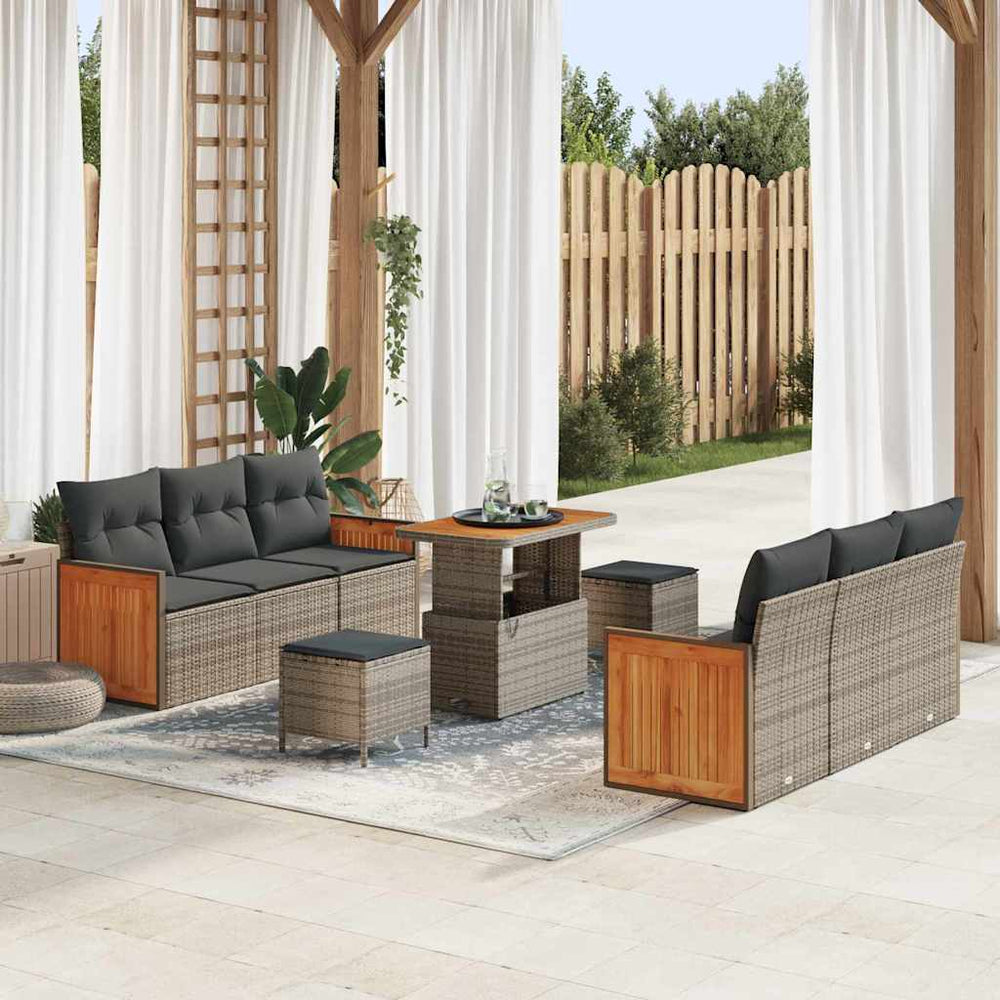 9 Dalių Sodo Sofa Komplektas su Pagalvėlėmis Pilka Poli Ratanas Akacija - Namų Idėja