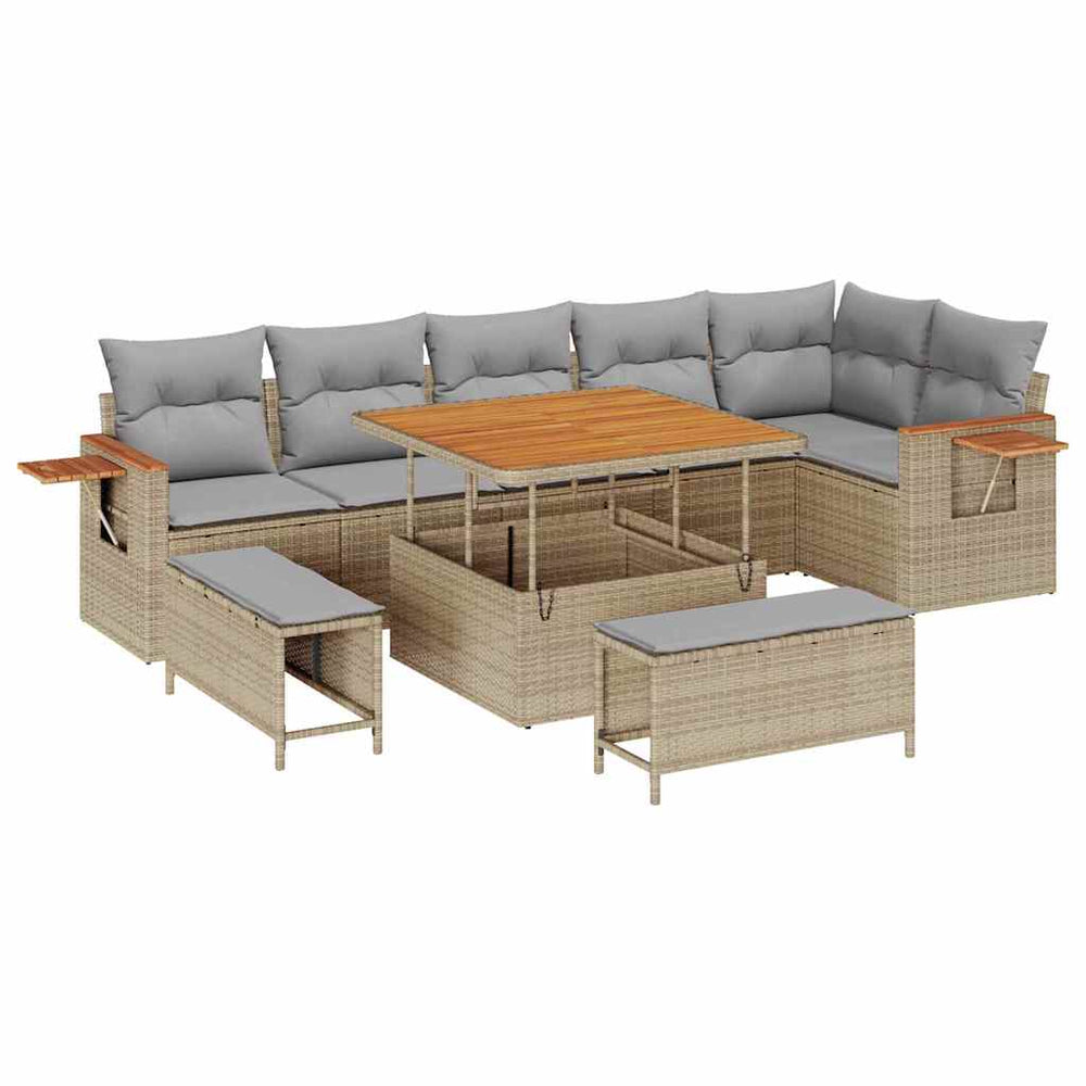 9 dalių sodo sofa komplektas su pagalvėlėmis Smėlio Poli ratanas Akacija - Namų Idėja