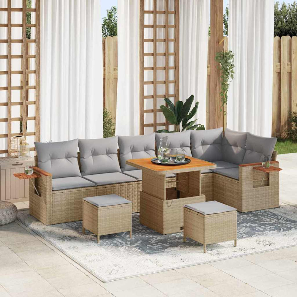 9 dalių sodo sofa komplektas su pagalvėlėmis Smėlio Poli Ratanas Akacija - Namų Idėja