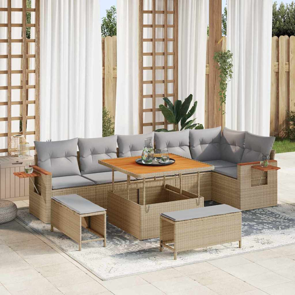 9 dalių sodo sofa komplektas su pagalvėlėmis Smėlio Poli ratanas Akacija - Namų Idėja