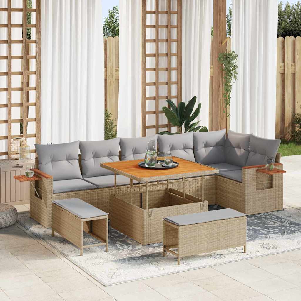 9 dalių sodo sofa komplektas su pagalvėlėmis Smėlio Poli ratanas Akacija - Namų Idėja