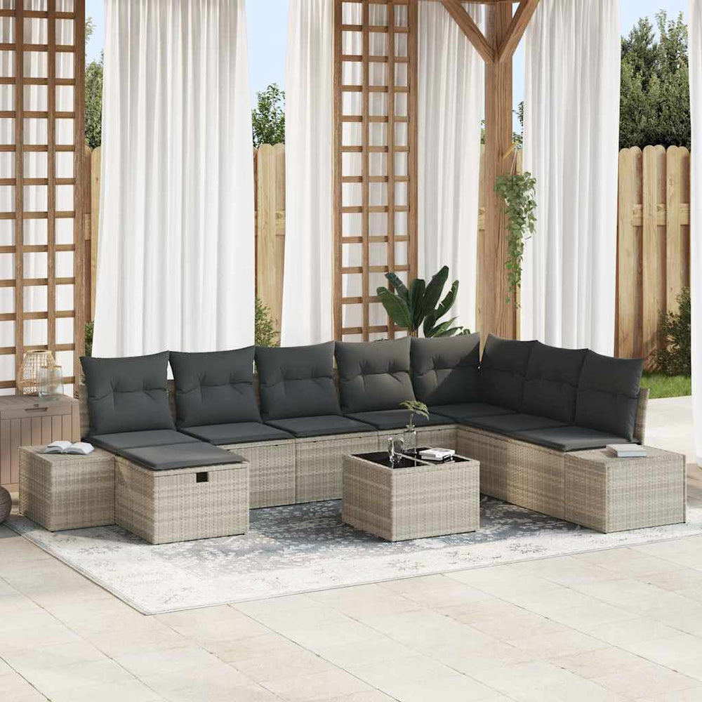 9 dalių sodo sofa komplektas su pagalvėlėmis šviesiai pilka poli ratanas - Namų Idėja