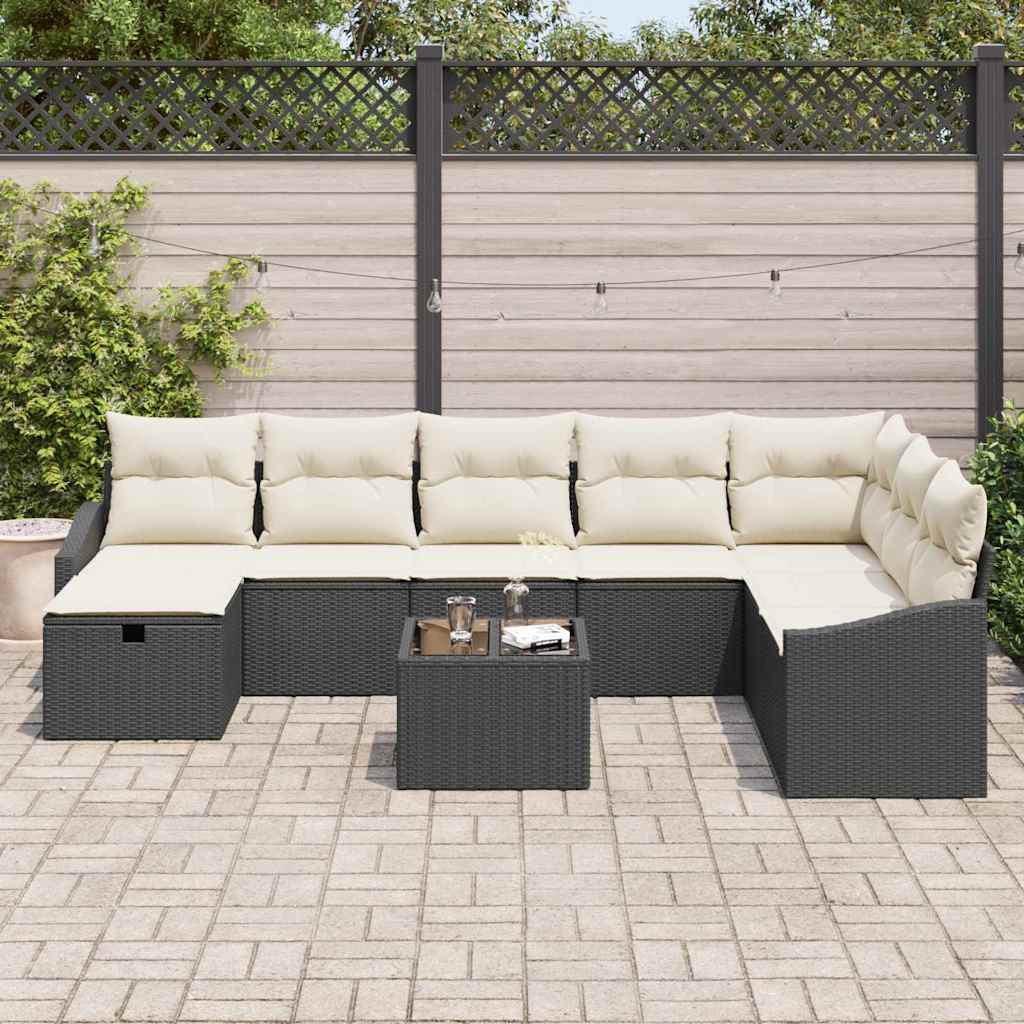 9 dalių sodo sofa komplektas su pagalvėmis Juodas Poli Ratanas - Namų Idėja