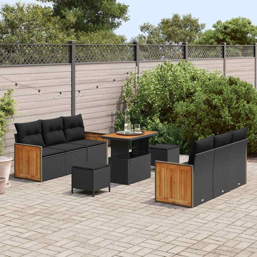 9 dalių sodo sofa komplektas su pagalvėmis juodas poli ratanas akacija - Namų Idėja