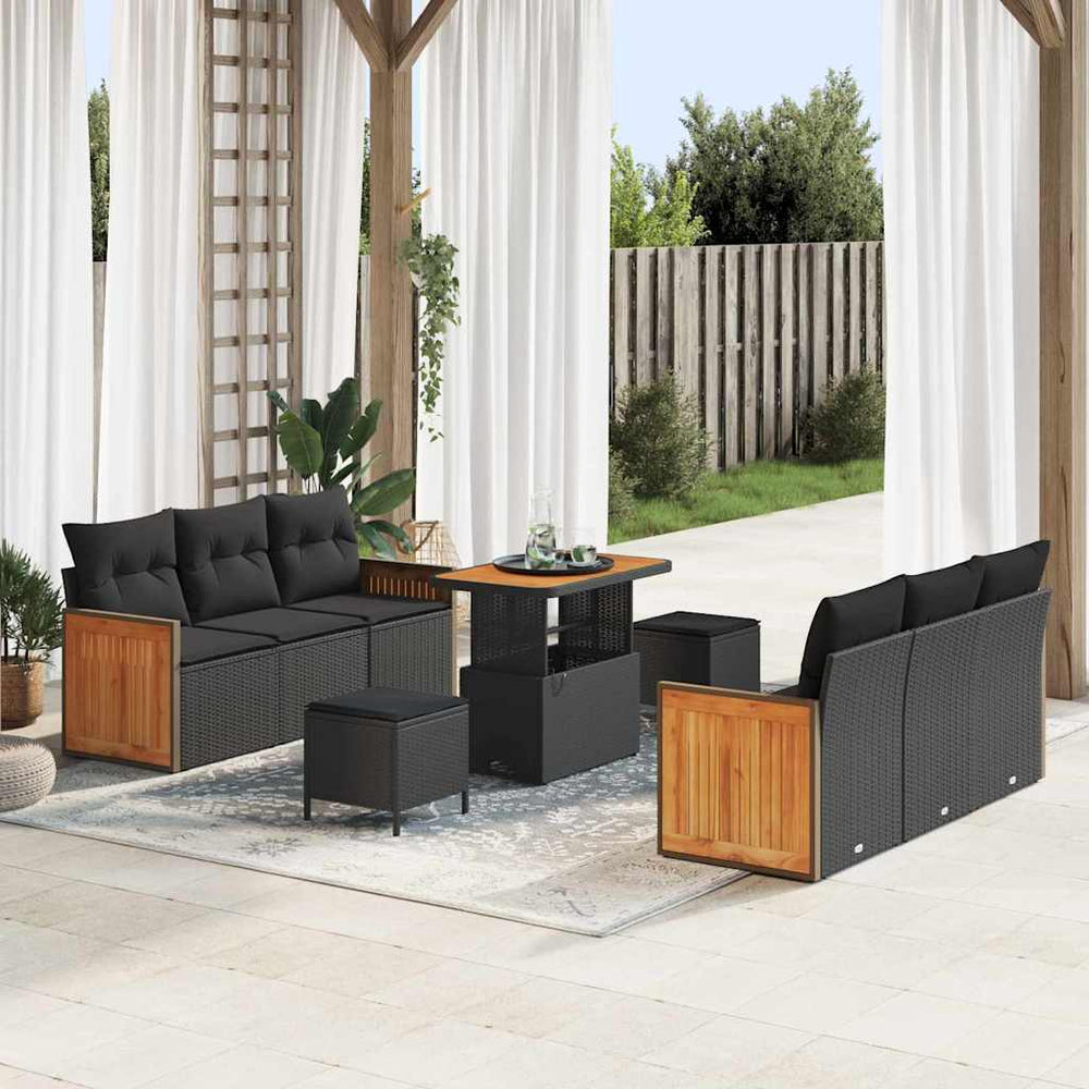 9 dalių sodo sofa komplektas su pagalvėmis juodas poli ratanas akacija - Namų Idėja