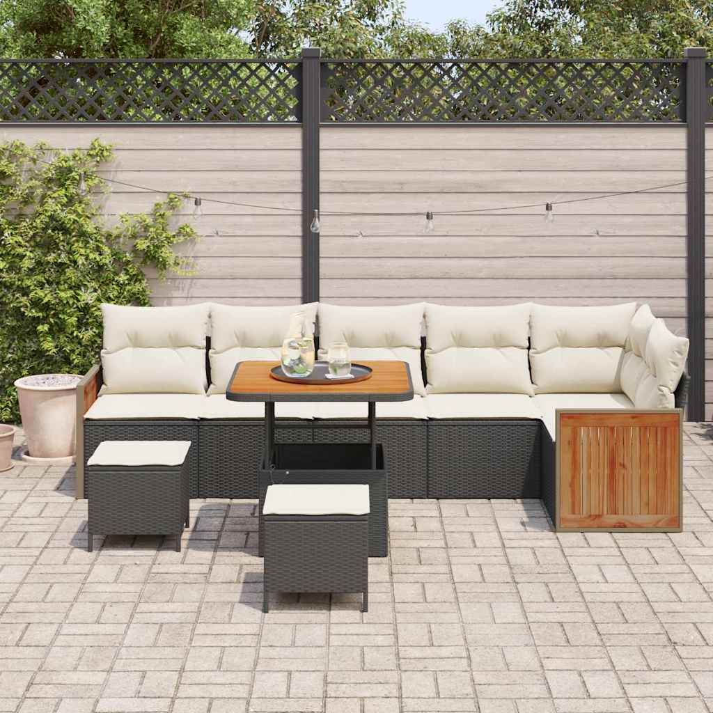 9 dalių sodo sofa komplektas su pagalvėmis Juodas poliratanas akacija - Namų Idėja