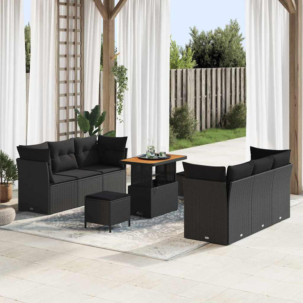 9 dalių sodo sofa komplektas su pagalvėmis juodas poliratanas akacijų - Namų Idėja