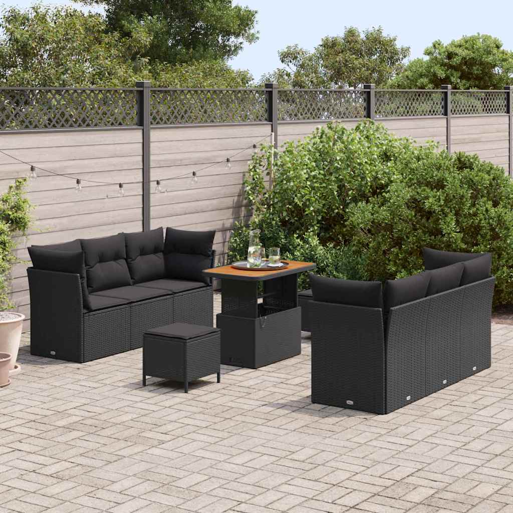 9 dalių sodo sofa komplektas su pagalvėmis juodas poliratanas akacijų - Namų Idėja