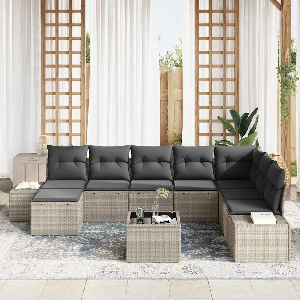 9 dalių sodo sofa komplektas su pagalvėmis šviesiai pilkame poli ratanas - Namų Idėja