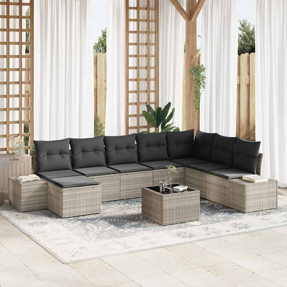 9 dalių sodo sofa komplektas su pagalvėmis šviesiai pilkame poli ratanas - Namų Idėja