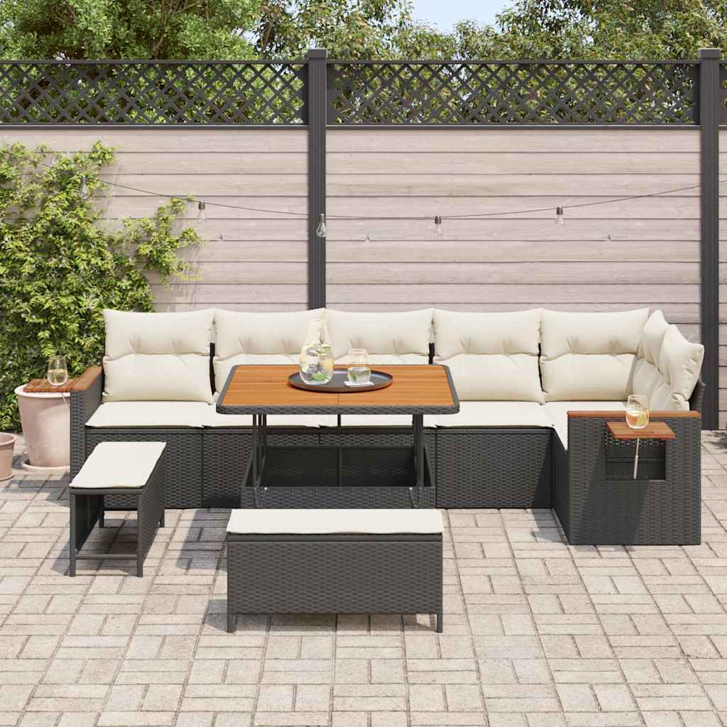 9 dalių sodo sofa komplektas su paminkštinimais juoda poli ratanas akacijos mediena - Namų Idėja
