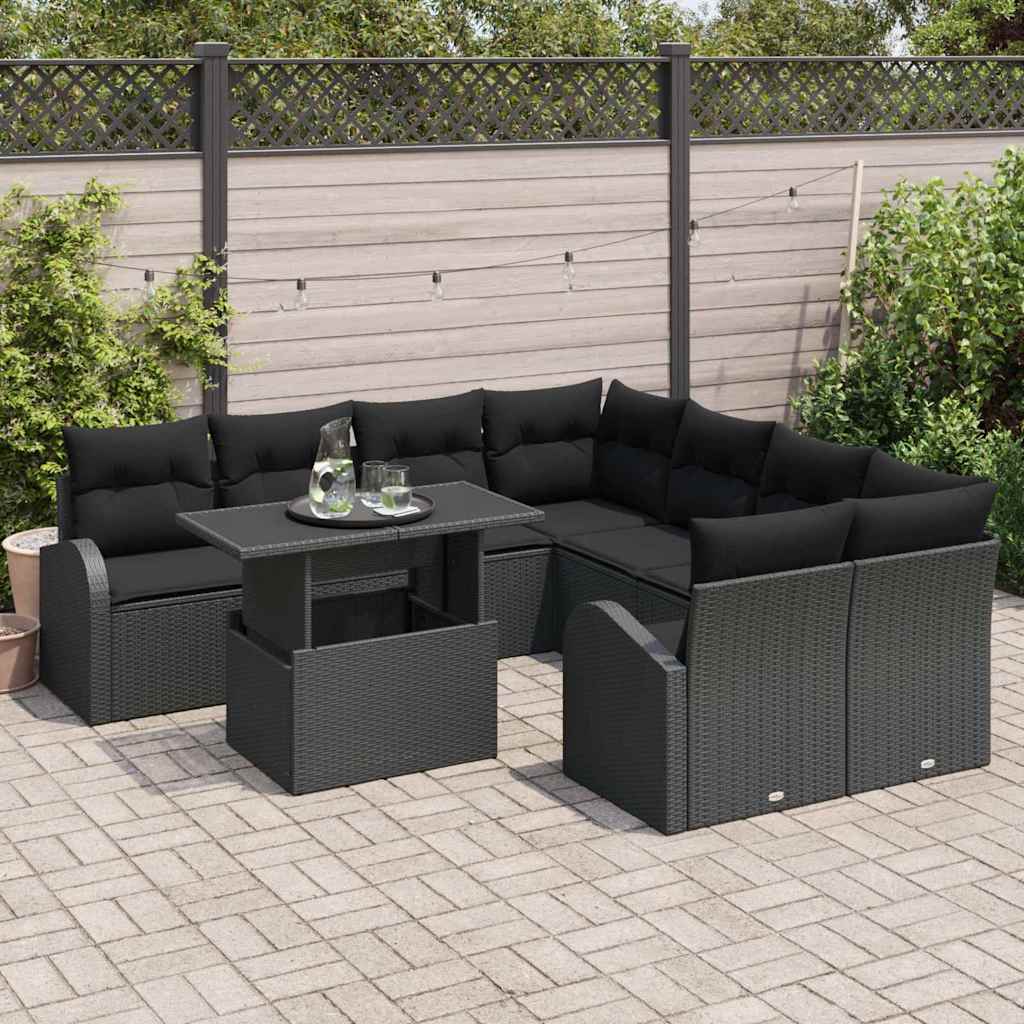 9 Dalių Sodo Sofa Rinkinys su Pagalvėlėmis Juoda Poli Ratanas - Namų Idėja