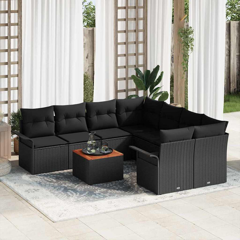9 Dalių Sodo Sofa Rinkinys su Pagalvėlėmis Juoda Poliratanas Akacija - Namų Idėja