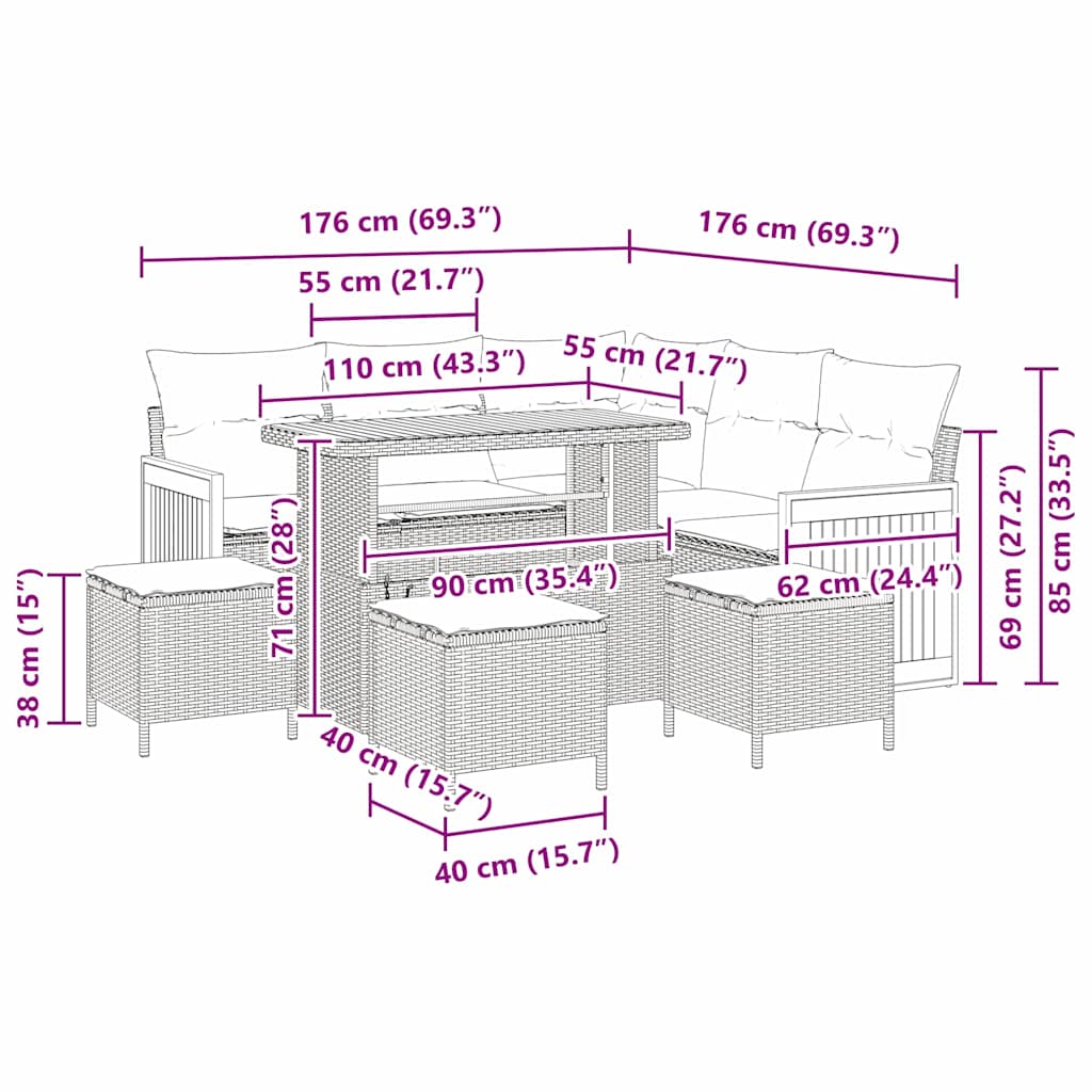 9 Dalių Sodo Sofa Rinkinys su Pagalvėlėmis Juodas Poli Ratanas Akacijos - Namų Idėja