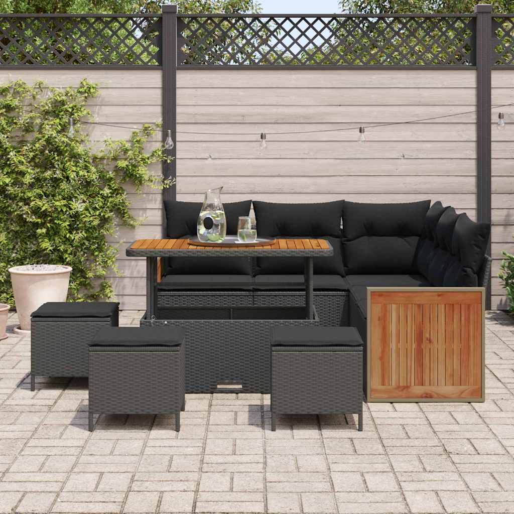 9 Dalių Sodo Sofa Rinkinys su Pagalvėlėmis Juodas Poli Ratanas Akacijos - Namų Idėja
