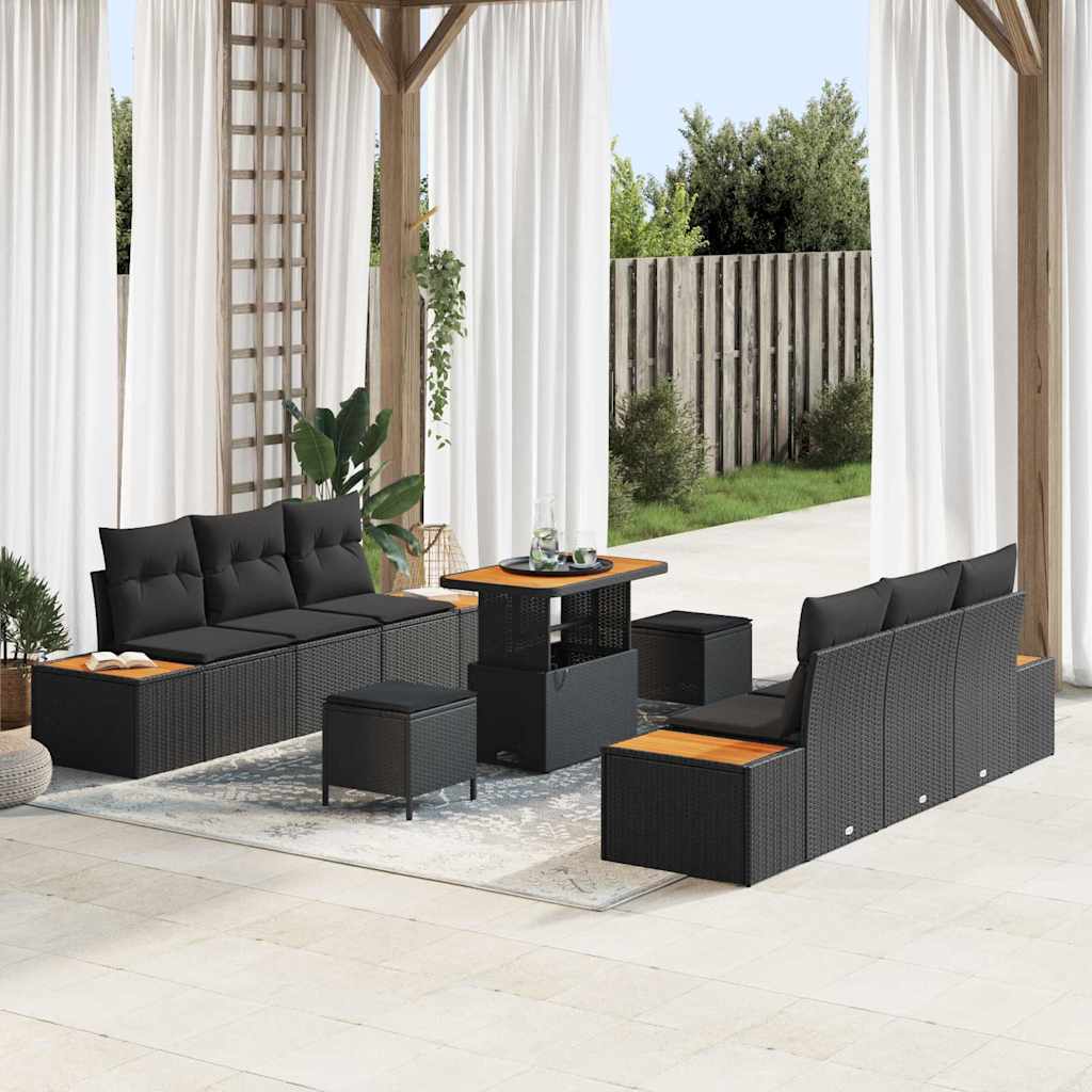 9 dalių Sodo Sofa Rinkinys su Pagalvėlėmis - Juodas Poliratanas ir Akacija - Namų Idėja